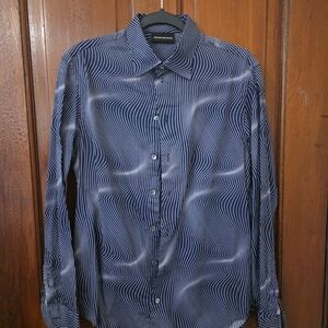 Emporio Armani Navy and White Optical Wave Button-Down Shirt
